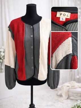 POL Colorblock Button-Up Sherpa Cardigan in Red, Cream & Gray